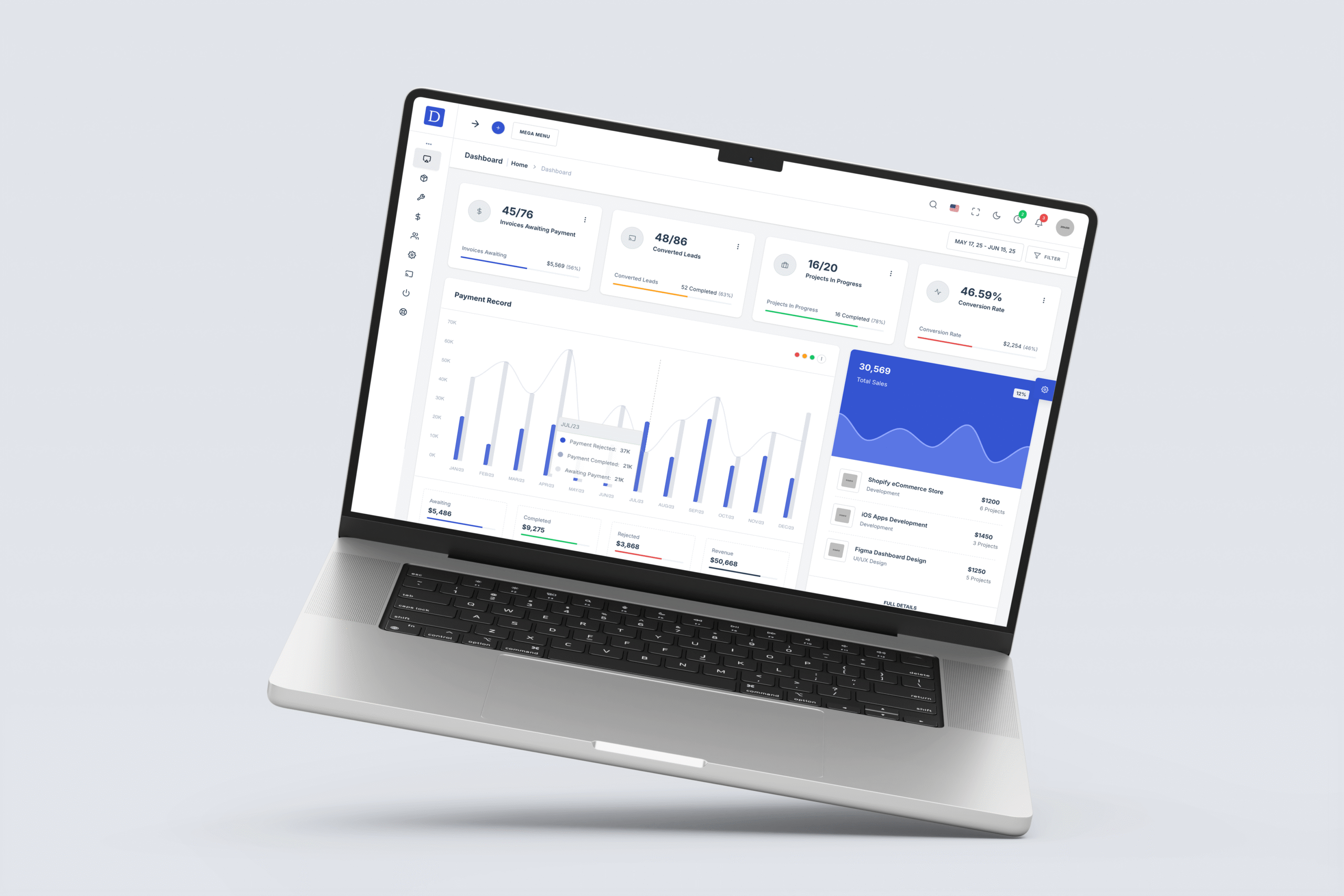 Floating laptop showing a custom analytics dashboard built by W3Inventor Tech Lab