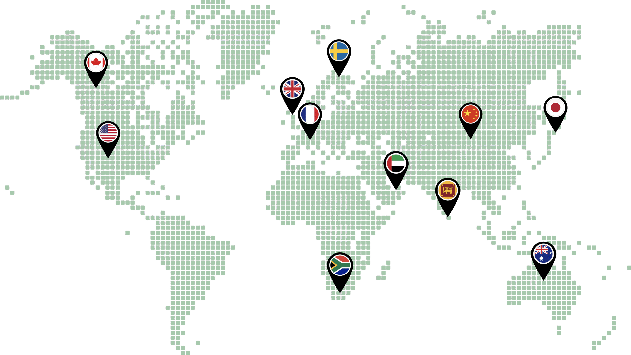 World map with pins on Canada, USA, UK, France, Sweden, UAE, China, Sri Lanka, South Africa, Australia and Japan showing W3Inventor project locations