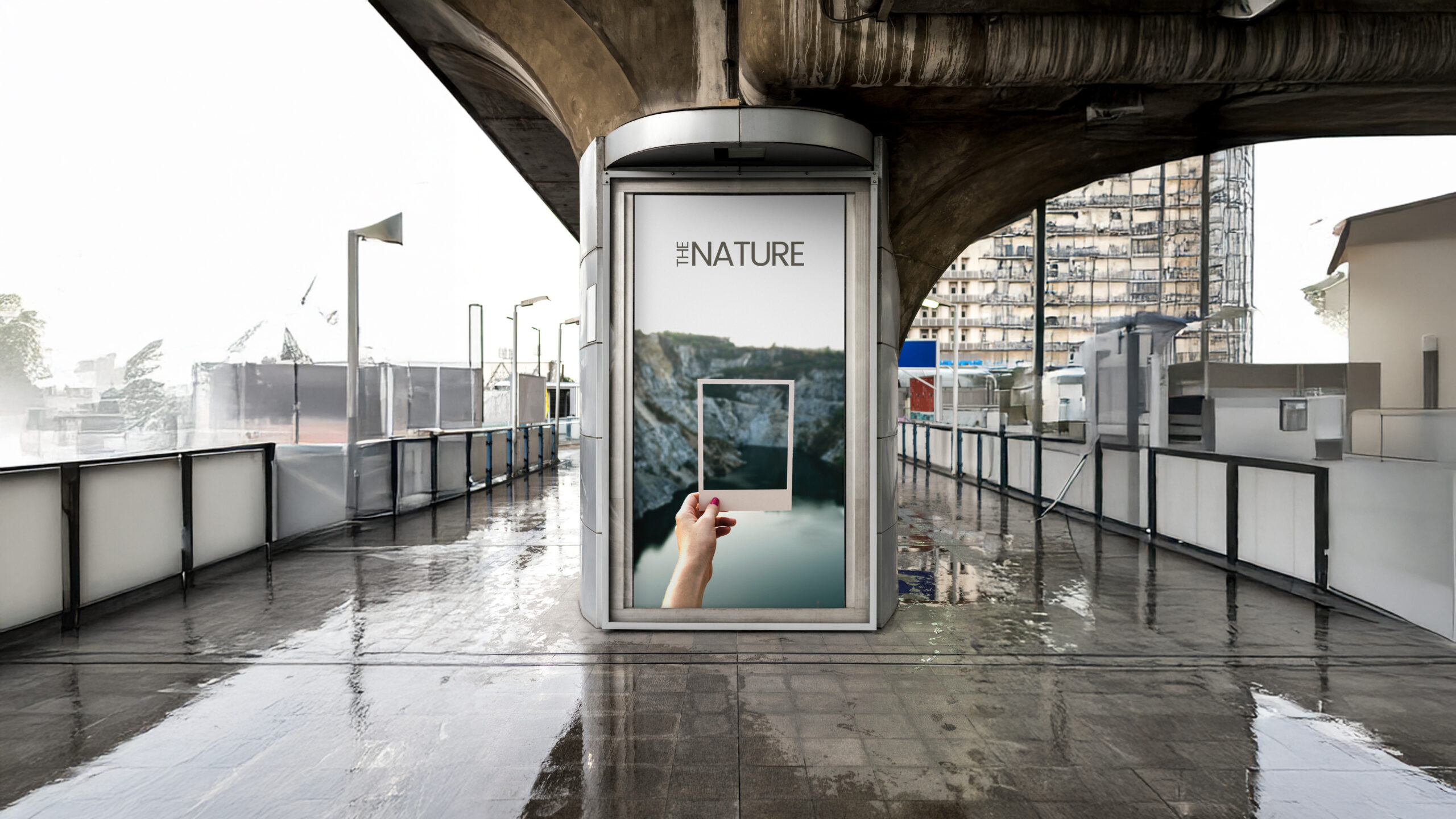 Outdoor billboard mock-up under an urban overpass displaying “THE NATURE” campaign artwork designed by W3Inventor