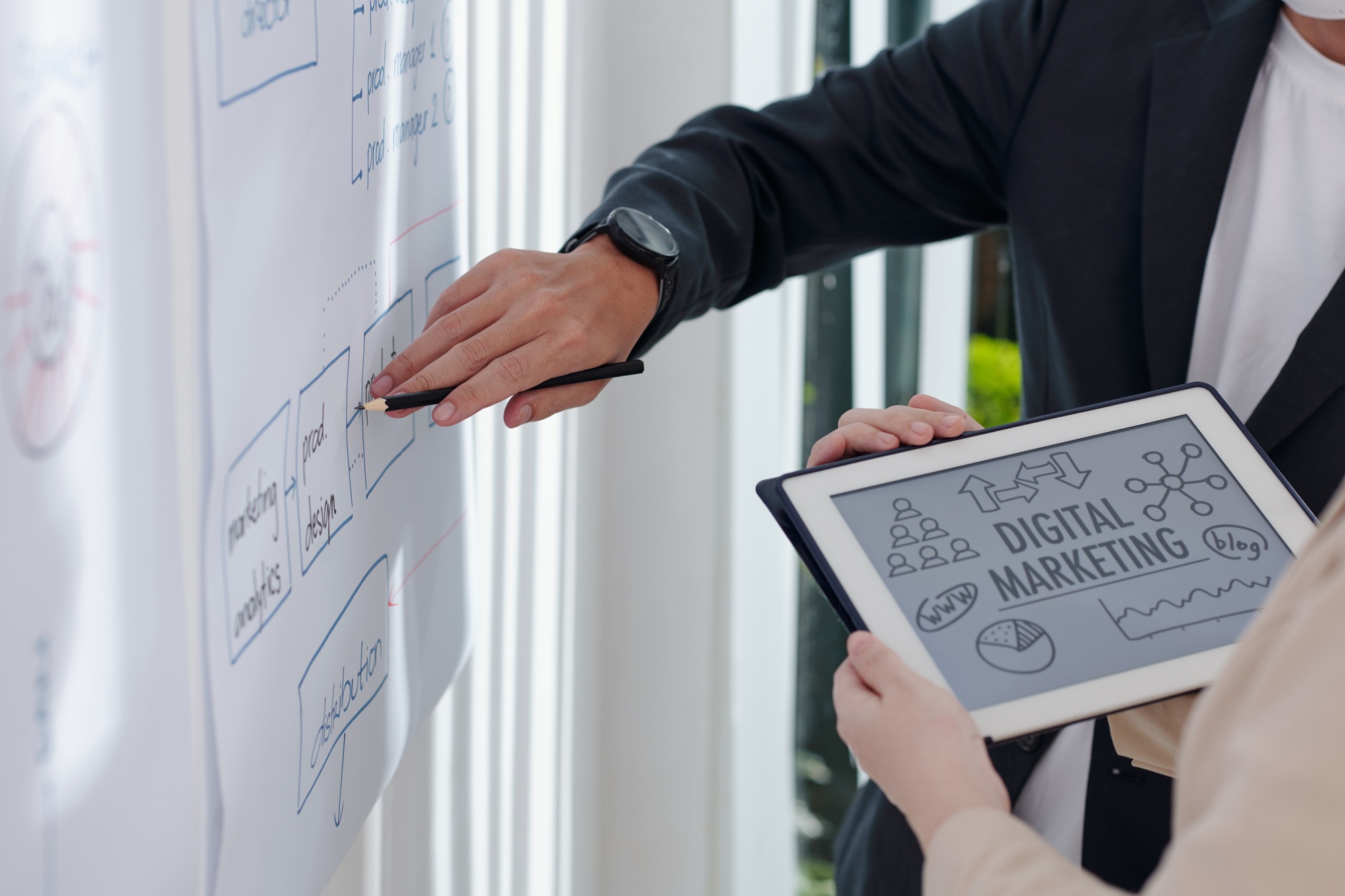Marketers mapping a digital strategy funnel on a whiteboard while reviewing campaign concepts on a tablet