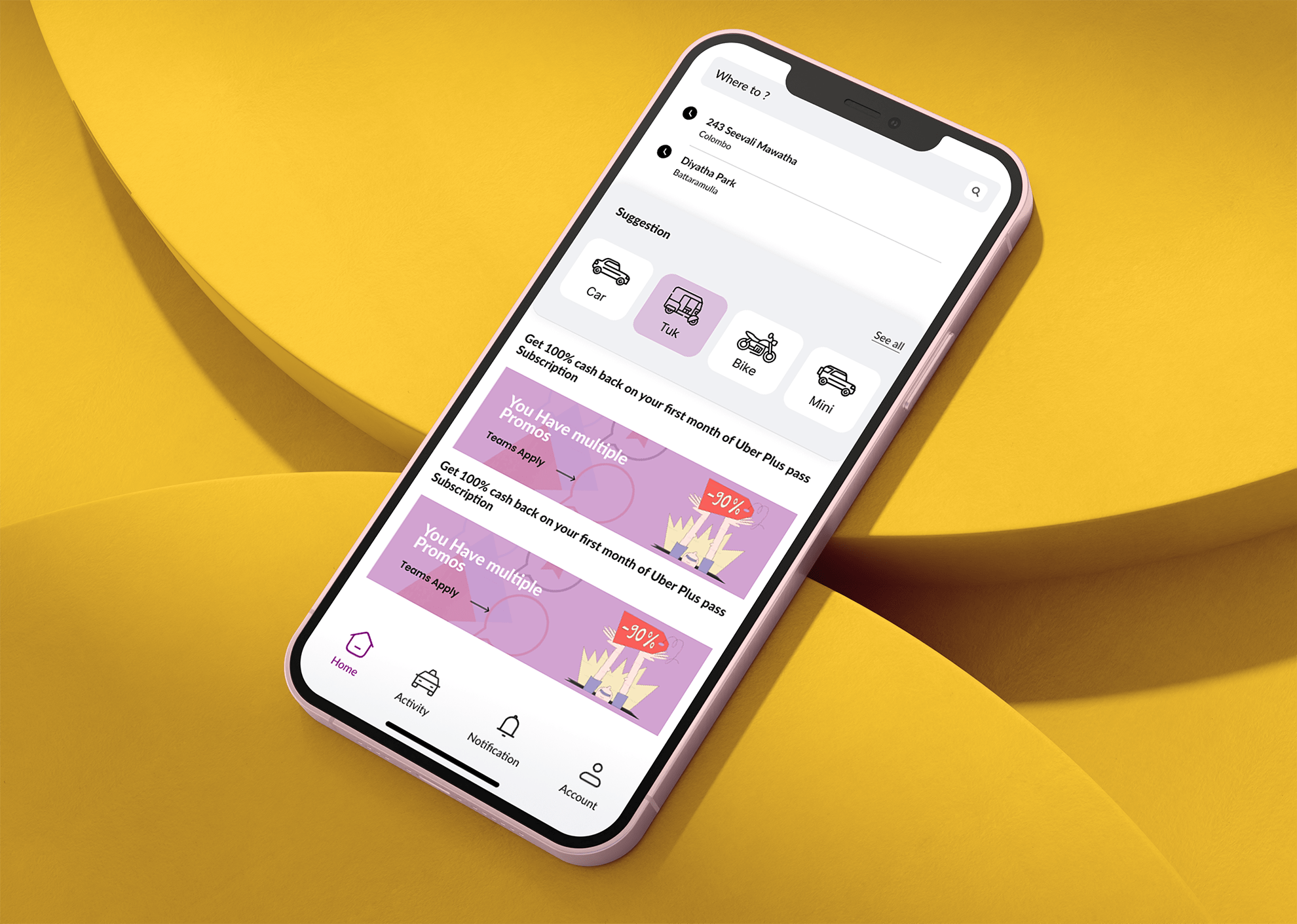 Ride-hailing mobile-app UI mock-up displayed on a pink smartphone against a bold yellow backdrop, designed by W3Inventor Creative Studio